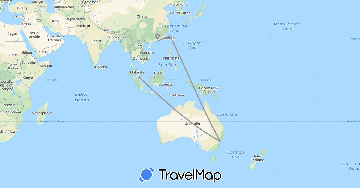 TravelMap itinerary: driving, plane in Australia, China, Singapore, Taiwan (Asia, Oceania)